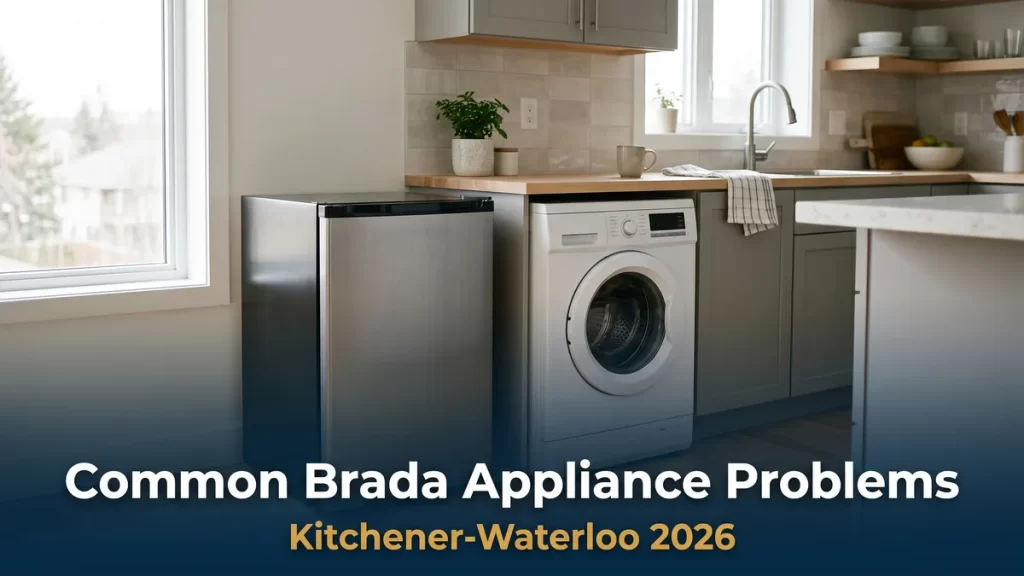 Common Brada appliance problems banner showing a compact refrigerator and washer in a Kitchener condo kitchen