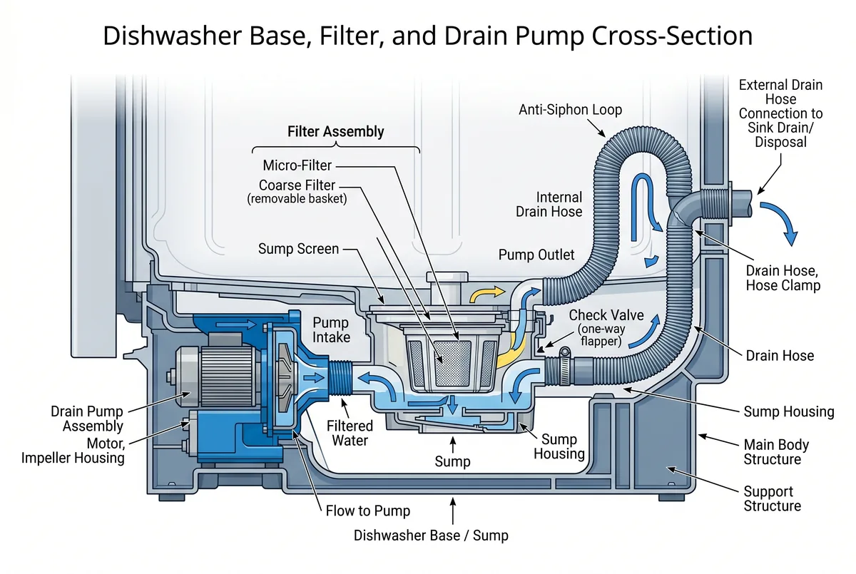Diagram showing Miele dishwasher filter assembly, drain pump, and drain hose routing