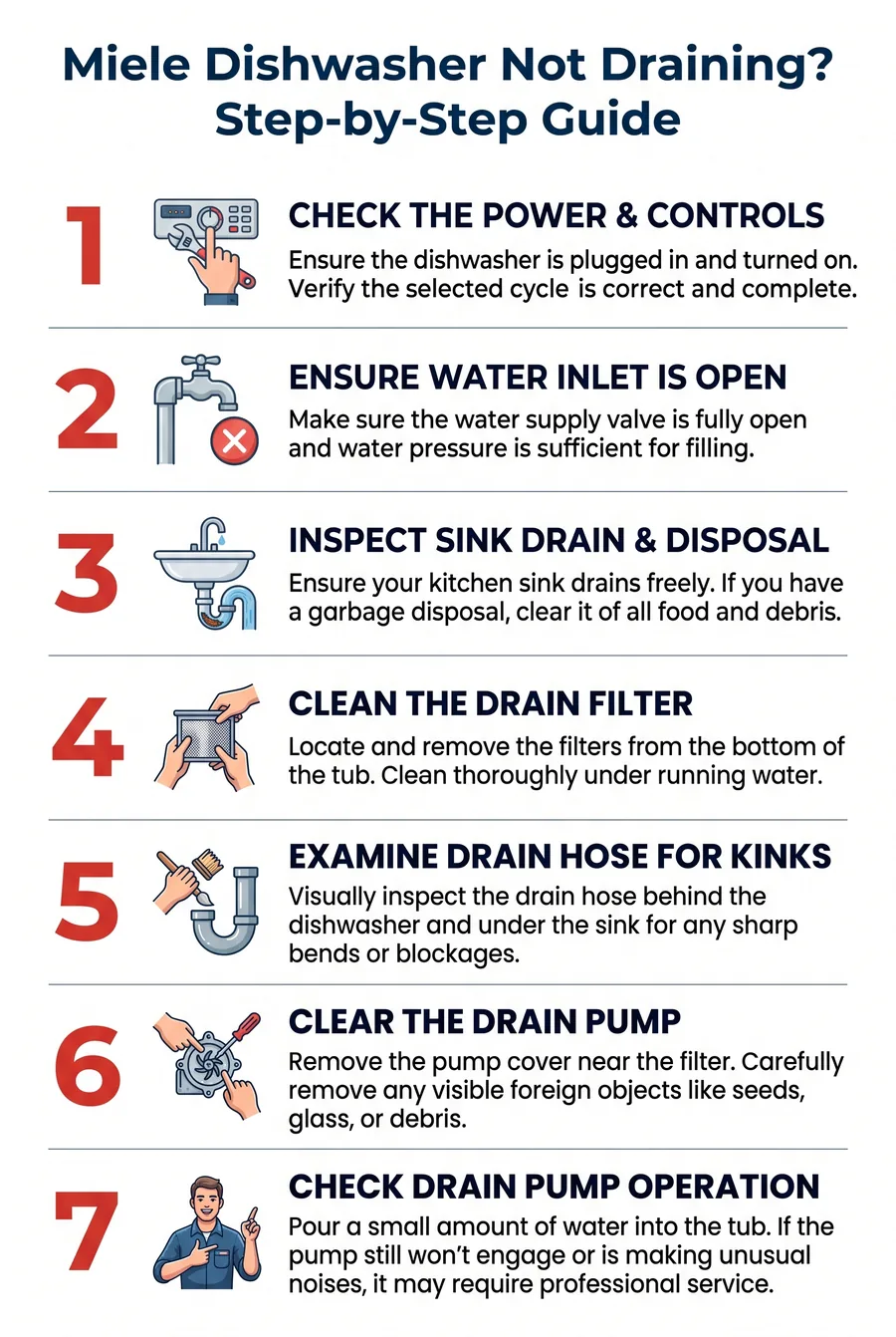 7-step troubleshooting infographic for Miele dishwasher not draining