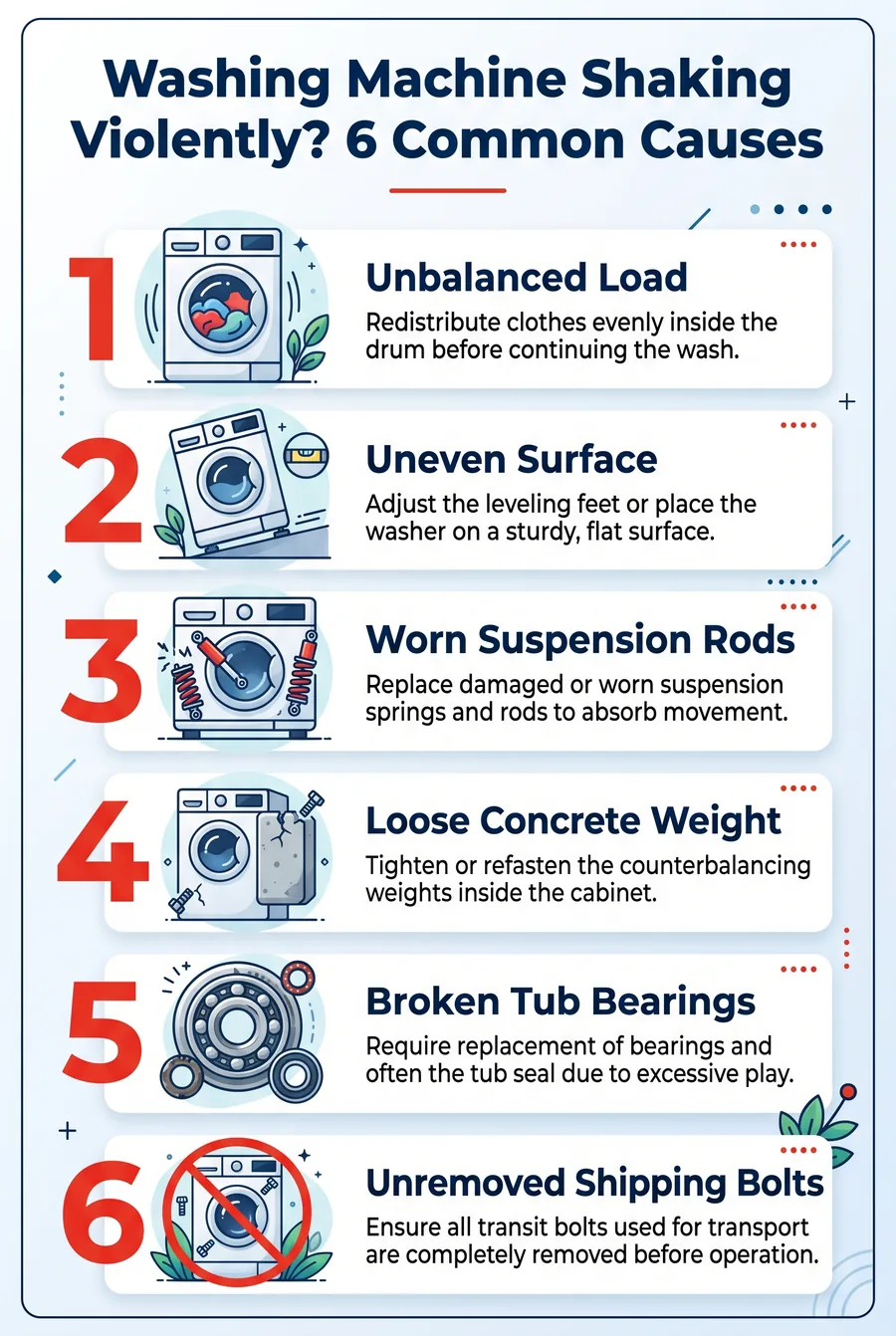 Infographic: 6 common causes of washing machine shaking violently with fixes