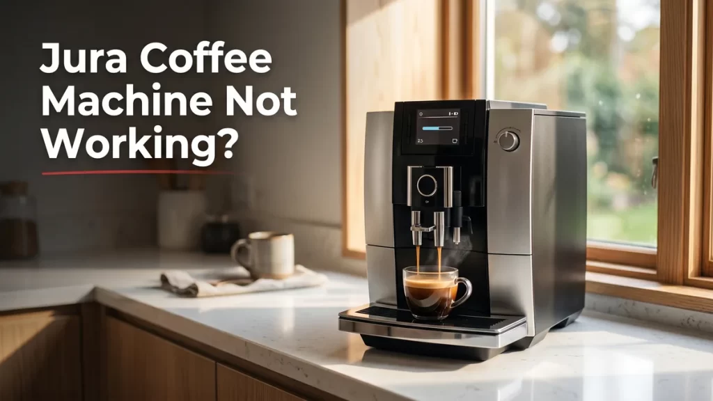 Jura coffee machine not working, a high-end automatic espresso machine on a bright kitchen counter