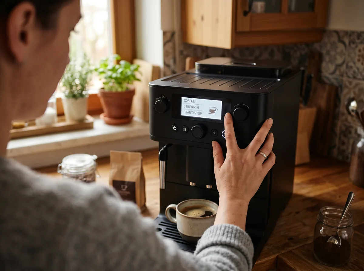 Homeowner reading the display on a Jura superautomatic coffee machine on a kitchen counter