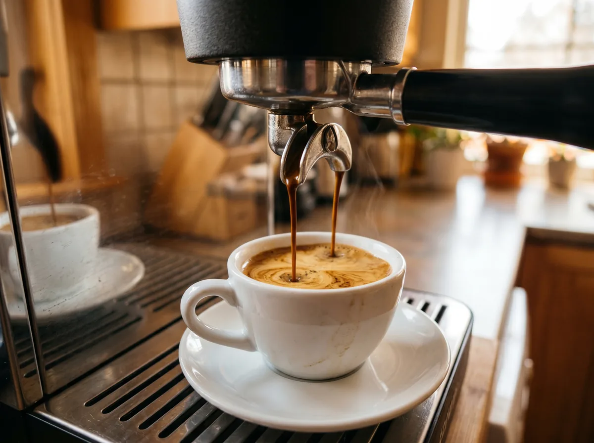 Close-up of espresso being brewed into a cup from a high-end automatic coffee machine