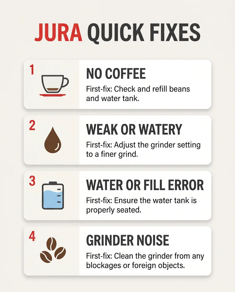 Infographic of four common Jura problems and first fixes: no coffee, weak coffee, water errors, grinder noise