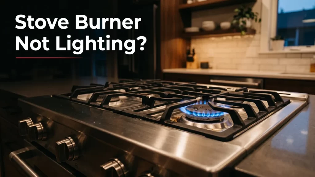 Stove burner not lighting, a gas cooktop with one lit blue flame and one unlit burner