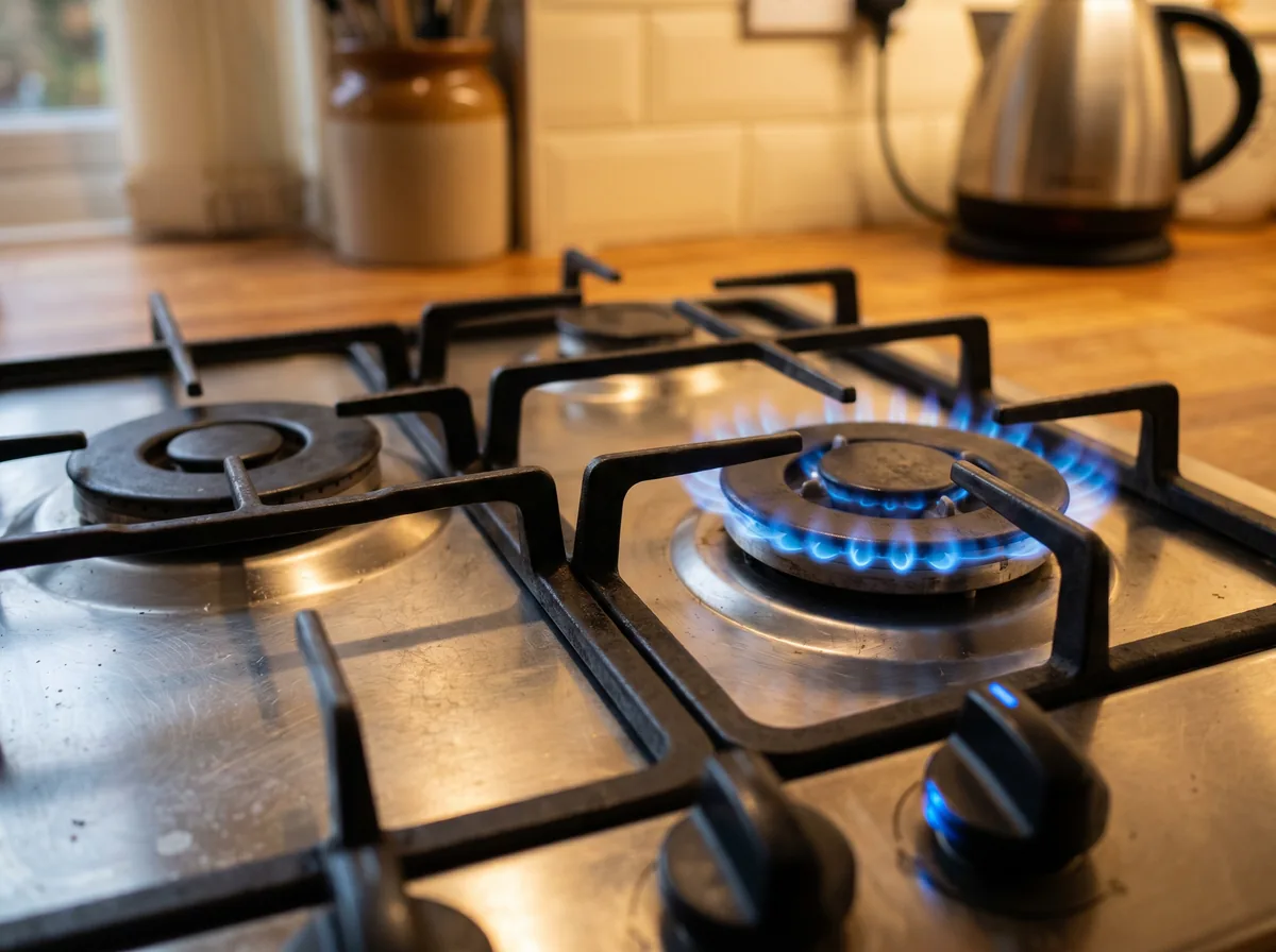 A gas stove burner with a blue flame next to one unlit burner on a home range
