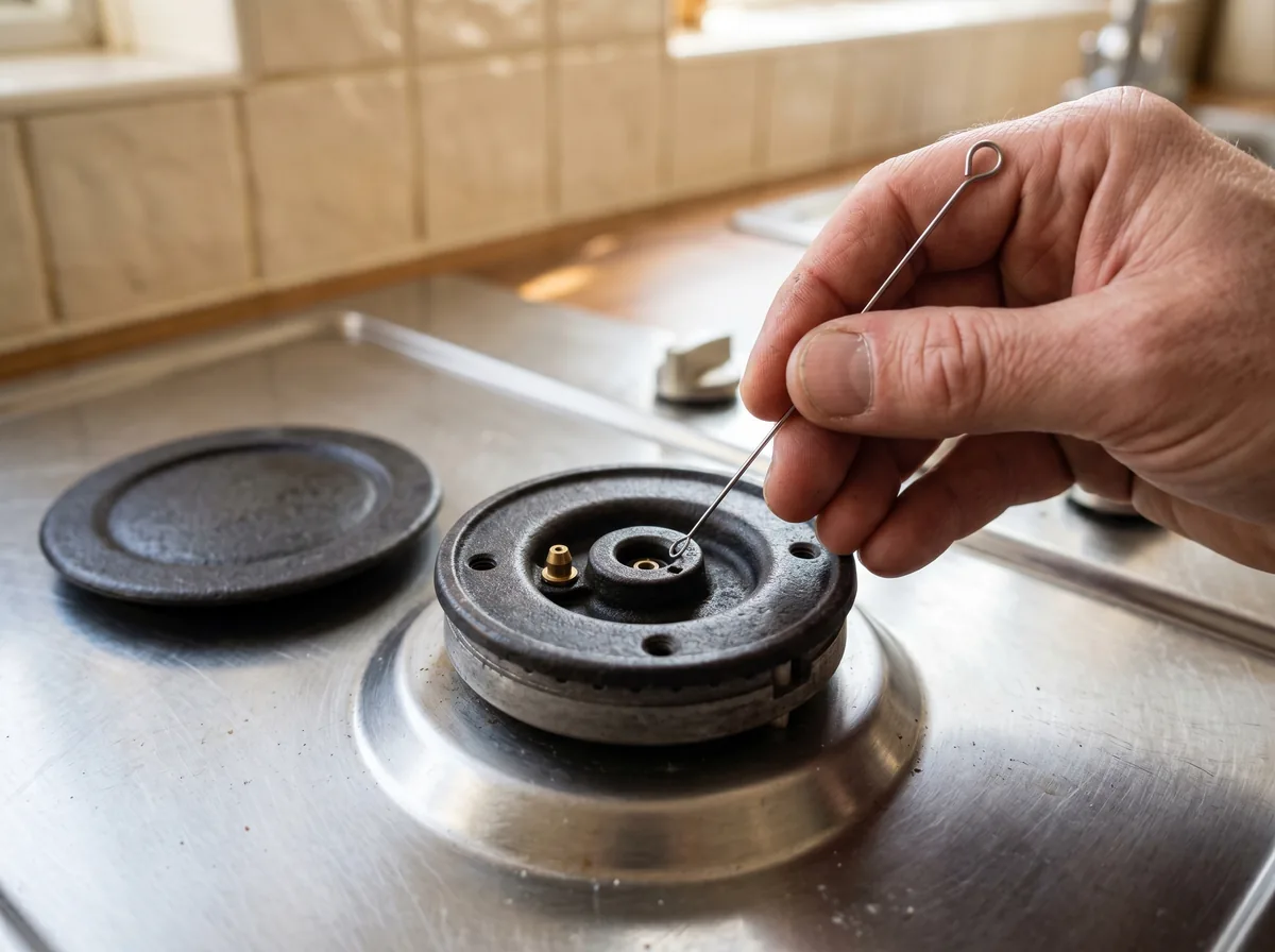 Close-up of a person cleaning the small ignition port of a gas stove burner with the range cool and off