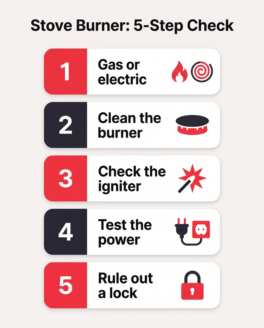 Infographic of the five-step stove burner diagnostic: gas or electric, clean, igniter, power, safety lock