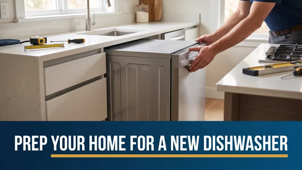 New stainless dishwasher sliding into a kitchen cabinet, dishwasher installation prep in a Kitchener home