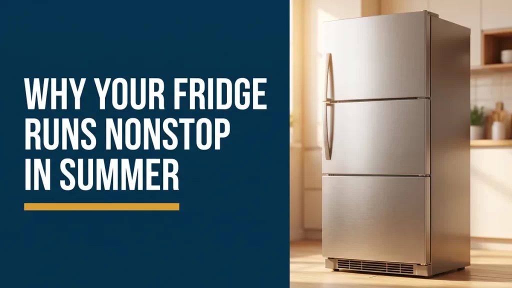 Stainless refrigerator in a warm summer kitchen, a fridge running constantly in summer heat