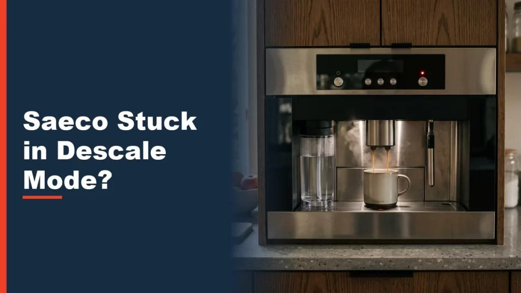 Espresso machine on a kitchen counter with a descale indicator light glowing